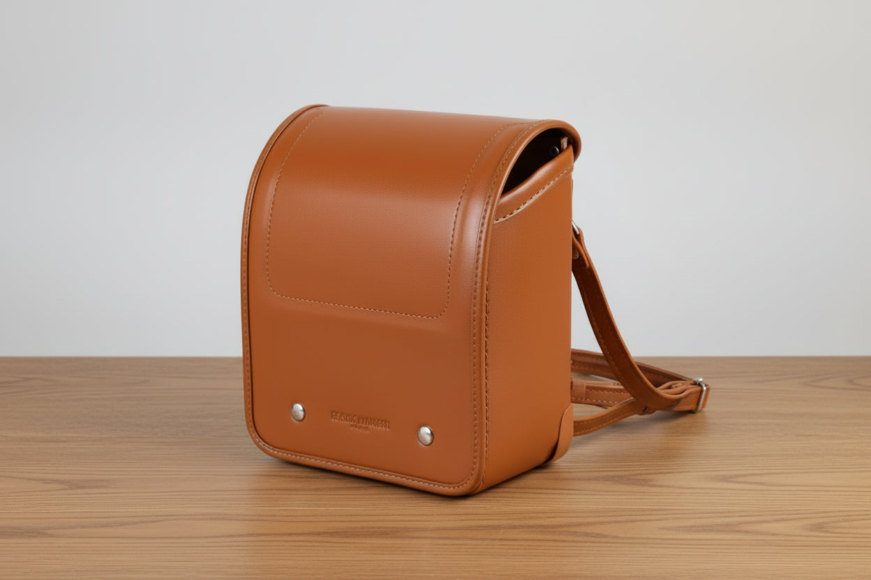 Brown leather bag with a strap on a white background